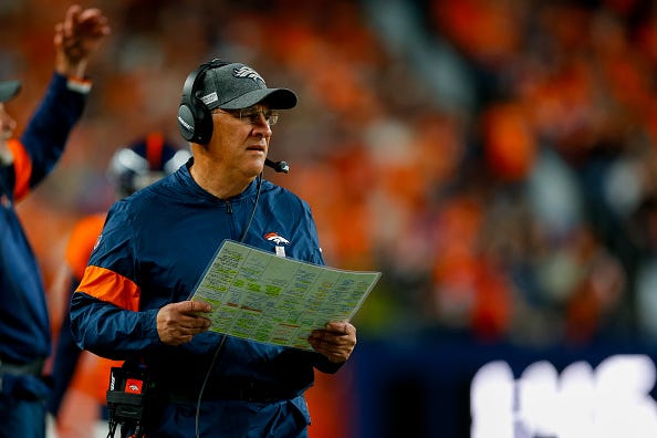 Broncos head coach Vic Fangio looks on with his play sheet in hand.