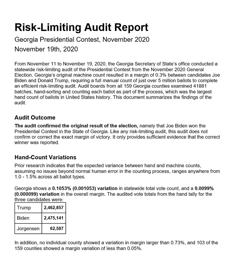 Gerogia Presidential Contest Risk Limiting Audit Report