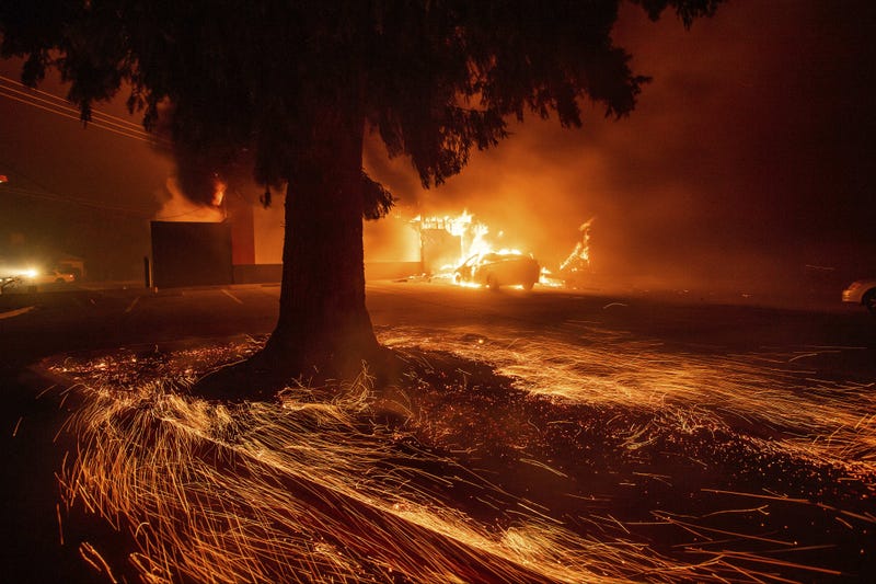 Flames consume a Kentucky Fried Chicken as the Camp Fire tears through Paradise, Calif., on Thursday, Nov. 8, 2018