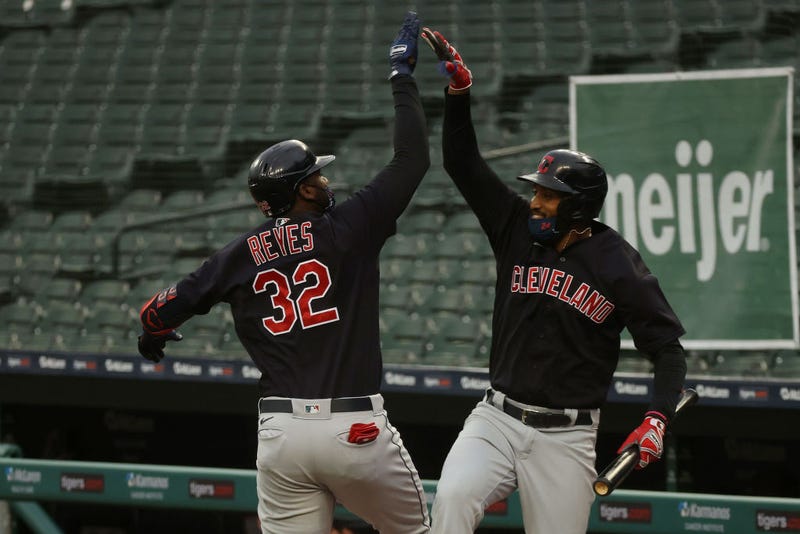 Franmil Reyes celebrates a home run with Tyler Naquin.
