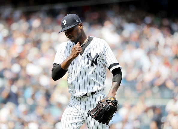 Domingo German walks off the mound in a game in August.