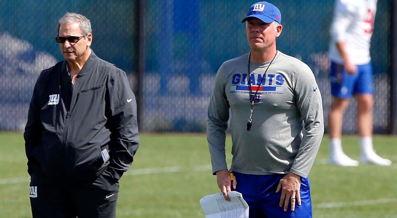 May 21, 2018; East Rutherford, NJ, USA; New York Giants general Manager Dave Gettleman and New York Giants head coach Pat Shurmur during OTA practice at Quest Diagnostic Training Center. Mandatory Credit: Noah K. Murray-USA TODAY Sports