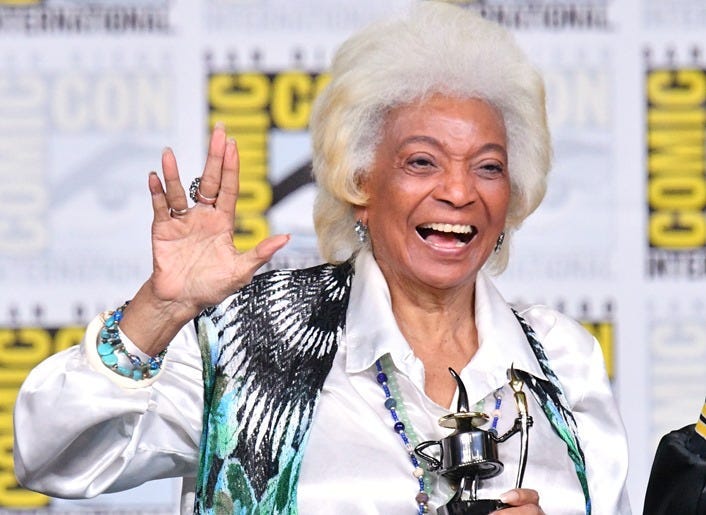 SAN DIEGO, CA - JULY 19: Nichelle Nichols accepts an Inkpot Award onstage at the "From The Bridge" Panel during Comic-Con International 2018 at San Diego Convention Center on July 19, 2018 in San Diego, California.