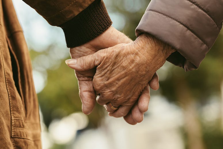 Elderly Couple, Holding Hands, Walking, Outdoors