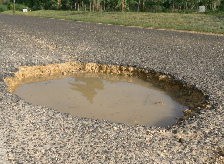Pothole, Road, Street, Rain Water, Trees