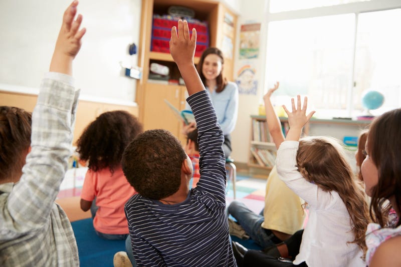 Elementary school children raising their hands in front of their teacher.