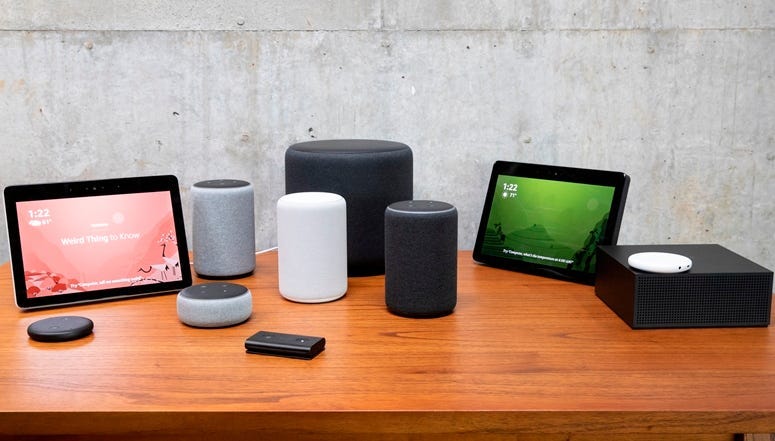 SEATTLE, WA - SEPTEMBER 20: An assortment of newly launched devices, including, an "Echo Input," "Echo Show, "Echo Plus," "Echo Sub," "Echo Auto" and "Firetv Recast" are pictured at Amazon Headquarters, following a launch event, on September 20, 2018 in S