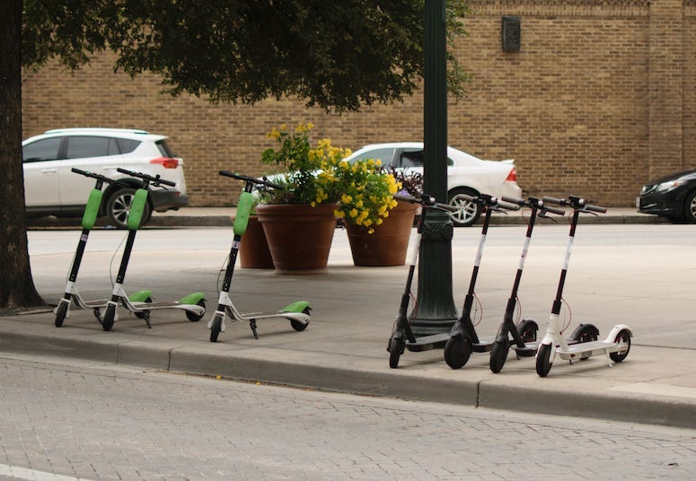 Dockless, Electronic Scooters, Parked, Street, Downtown