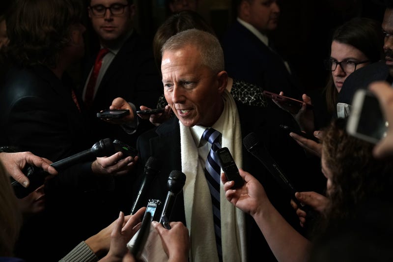 Rep. Jeff Van Drew speaks to members of the media outside a closed House Democrats organizational meeting.