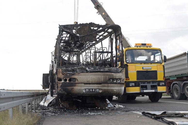 Coach Bus, Burned, Fire, Road, Highway Assistance