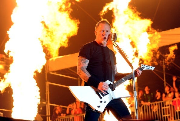 Musician James Hetfield of Metallica performs onstage during The Big 4 held at the Empire Polo Club on April 23, 2011 in Indio, California. (Photo by Kevin Winter/Getty Images)