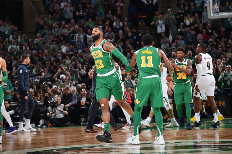 Celtics forward Marcus Morris and guard Kyrie Irving