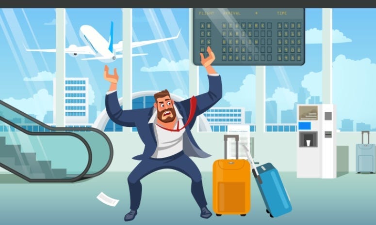 Businessman in Stress, Angry Because of Late on Plane, Missing Baggage After Arrival in Airport Cartoon Vector Illustration. Difficulties in Business Trip, Problems Because Due to Lack of Time Concept