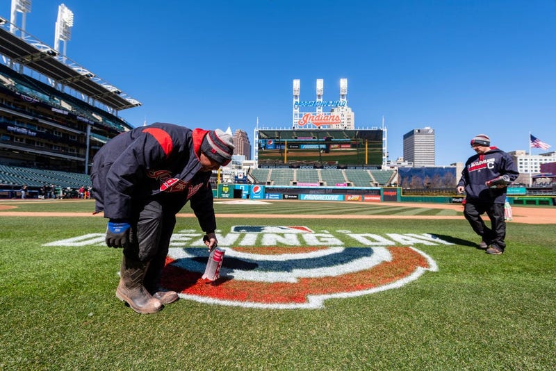 CLEVELAND, OH - APRIL 01: The Cleveland Indians grounds crew preps the field prior to the Opening Day game against the Chicago White Sox at Progressive Field on April 1, 2019 in Cleveland, Ohio. (Photo by Jason Miller/Getty Images)
