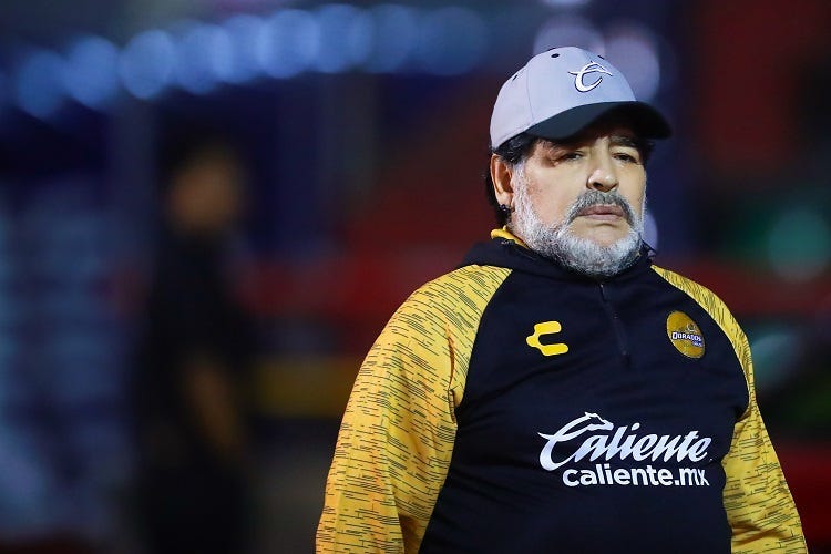 Diego Armando Maradona, coach of Dorados de Sinaloa gestures during the semifinal second leg match between Mineros and Dorados as part of the Playoffs Torneo Clasusura 2019 Ascenso MX at Estadio Carlos Vega Villalba on April 27, 2019 in Zacatecas, Mexico