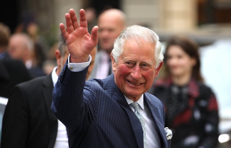 LEIPZIG, GERMANY - MAY 08: Prince Charles, Prince of Wales waves to well wishers as he arrives at St. Thomas Church on May 8, 2019 in Leipzig, Germany. Their Royal Highnesses are paying an official visit to Germany at the request of the British government
