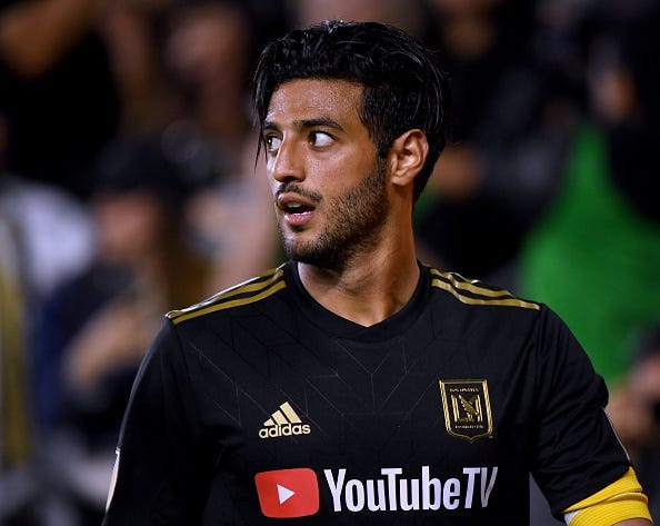 Carlos Vela #10 of Los Angeles FC reacts after earning a corner kick during a 2-0 win over FC Cincinnati at Banc of California Stadium on April 13, 2019 in Los Angeles, California.