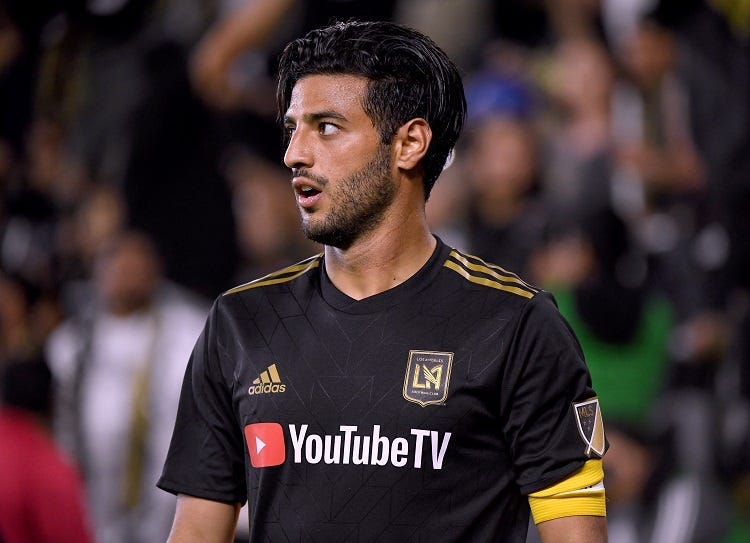 Carlos Vela #10 of Los Angeles FC reacts after earning a corner kick during a 2-0 win over FC Cincinnati at Banc of California Stadium on April 13, 2019 in Los Angeles, California.
