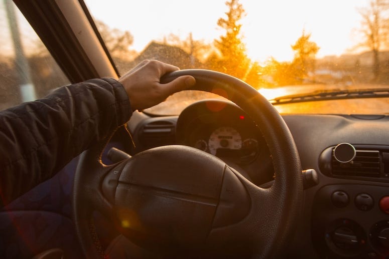 Male, Driving, Car, Driver, Steering Wheel, Sunset