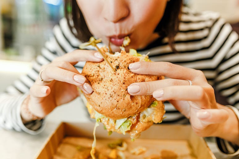 Woman, Biting, Hamburger, Modern Fast Food Cafe