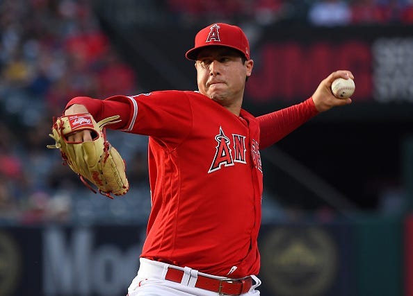 Tyler Skaggs #45 of the Los Angeles Angels pitches in the first inning of the game against the Oakland Athletics at Angel Stadium of Anaheim on June 29, 2019 in Anaheim, California.