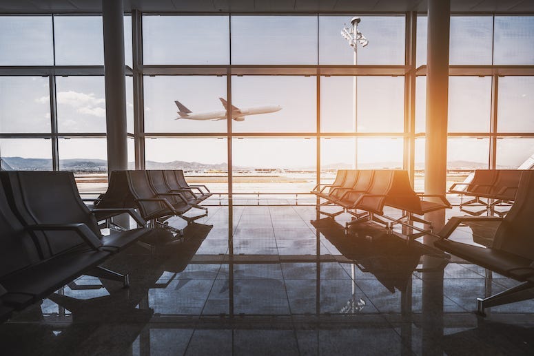 Airport, Terminal, Seats, Waiting Room, Window, Flying Plane, Dusk