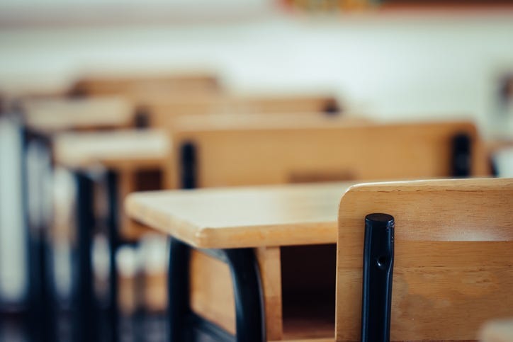 Desks in an empty classroom