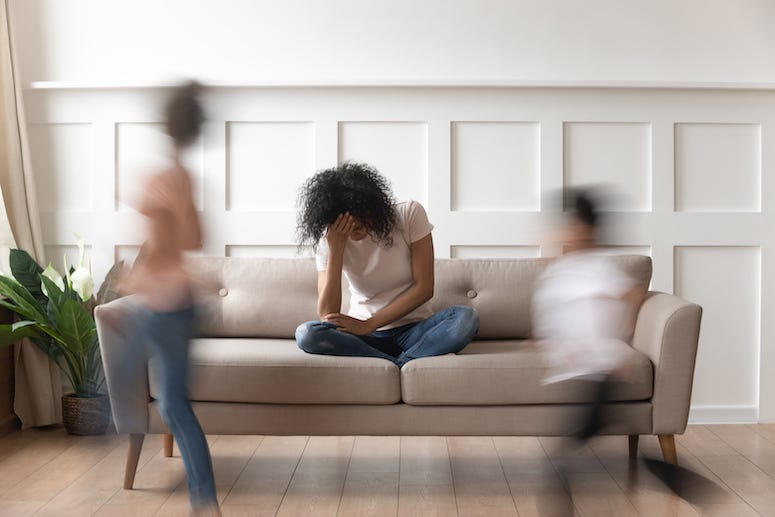 Frustrated, Stressed, Mom, Kids, Running, Blurry, Couch, Living Room