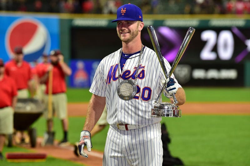 Pete Alonso of the New York Mets celebrates winning the T-Mobile Home Run Derby at Progressive Field on July 08, 2019