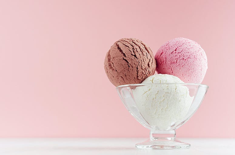 Ice Cream, Bowl, Scoops, Flavors, Pink Background