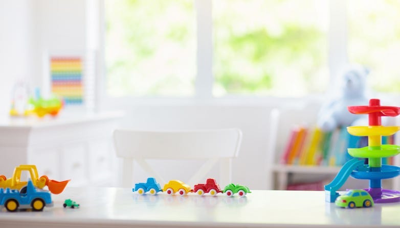 Desk with colorful toy cars