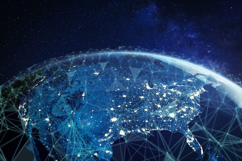 Telecommunication network above North America and United States viewed from space for American 5g LTE mobile web
