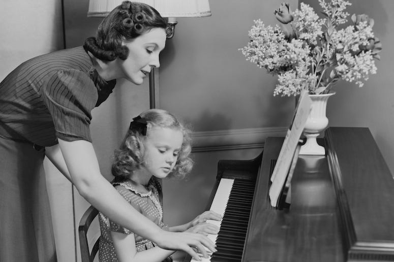 Mother, Daughter, Piano, Lesson, Black and White