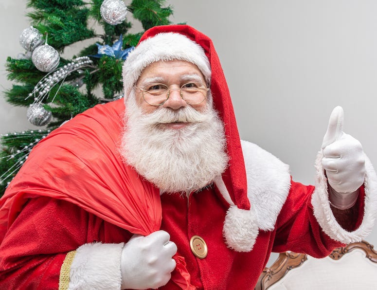Santa Claus, Presents, Bag, Thumbs Up