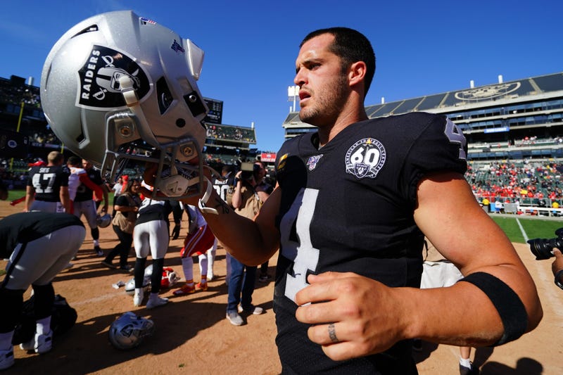 Derek Carr #4 of the Oakland Raiders walks off the field after losing to the Kansas City Chiefs at RingCentral Coliseum on September 15, 2019 in Oakland, California.