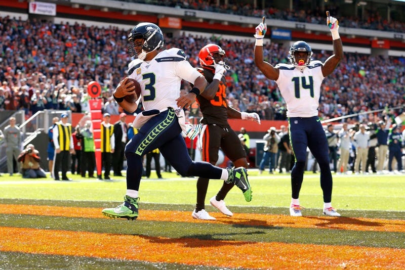 CLEVELAND, OH - OCTOBER 13: Russell Wilson #3 of the Seattle Seahawks scores a touchdown during the first quarter of the game against the Cleveland Browns at FirstEnergy Stadium on October 13, 2019 in Cleveland, Ohio. (Photo by Kirk Irwin/Getty Images)
