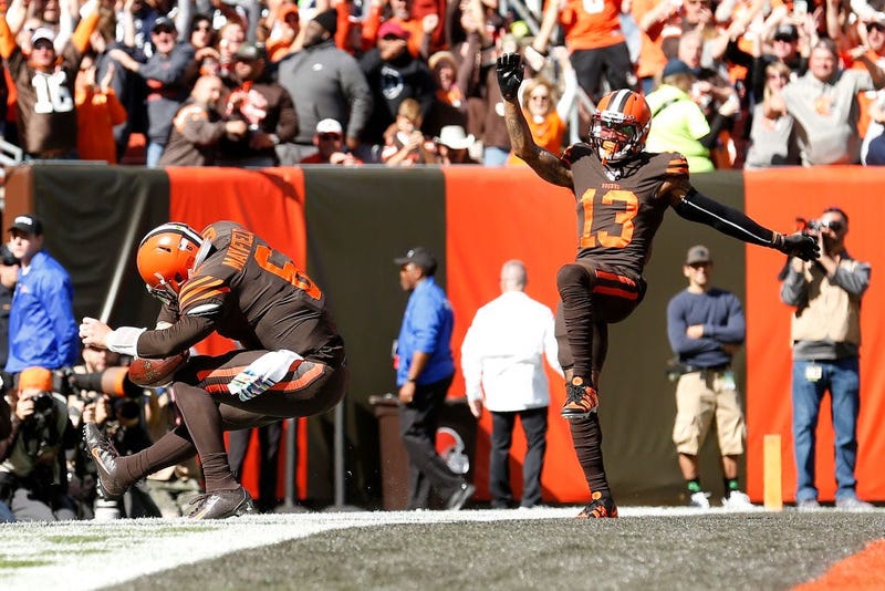 CLEVELAND, OH - OCTOBER 13: Baker Mayfield #6 of the Cleveland Browns and Odell Beckham Jr. #13 celebrate after Mayfield scores touchdown during the first quarter of the game against the Seattle Seahawks at FirstEnergy Stadium on October 13, 2019 in Cleve
