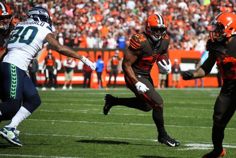 CLEVELAND, OHIO - OCTOBER 13: Nick Chubb #24 of the Cleveland Browns runs for a first quarter touchdown while playing the Seattle Seahawks at FirstEnergy Stadium on October 13, 2019 in Cleveland, Ohio. (Photo by Gregory Shamus/Getty Images)
