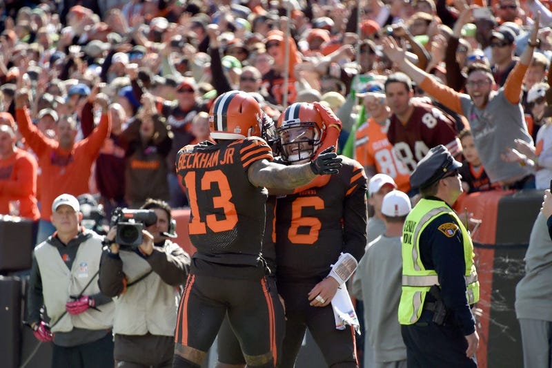 CLEVELAND, OHIO - OCTOBER 13: Odell Beckham #13 celebrates with Baker Mayfield #6 of the Cleveland Browns after Mayfield ran in a touchdown during the first quarter against the Seattle Seahawks at FirstEnergy Stadium on October 13, 2019 in Cleveland, Ohio