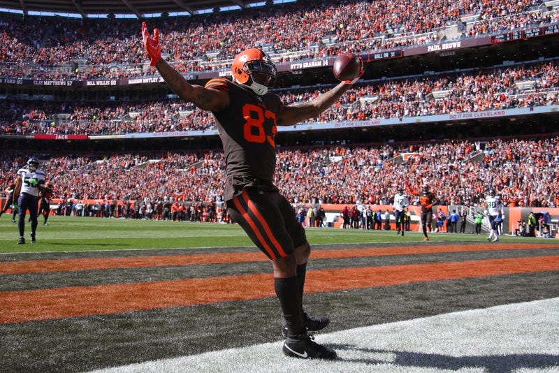 CLEVELAND, OHIO - OCTOBER 13: Ricky Seals-Jones #83 of the Cleveland Browns celebrates his second quarter touchdown against the Seattle Seahawks at FirstEnergy Stadium on October 13, 2019 in Cleveland, Ohio. (Photo by Gregory Shamus/Getty Images)