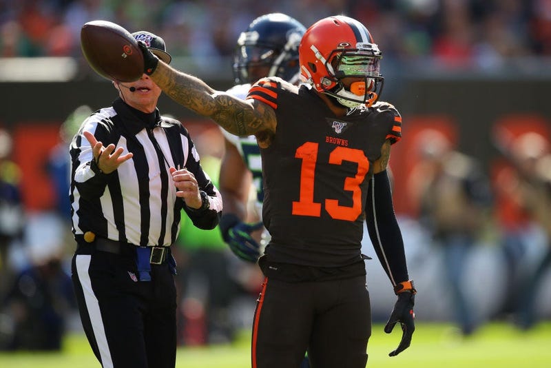 CLEVELAND, OHIO - OCTOBER 13: Odell Beckham #13 of the Cleveland Browns reacts to a first down catch against the Seattle Seahawks during the second quater at FirstEnergy Stadium on October 13, 2019 in Cleveland, Ohio. (Photo by Gregory Shamus/Getty Images