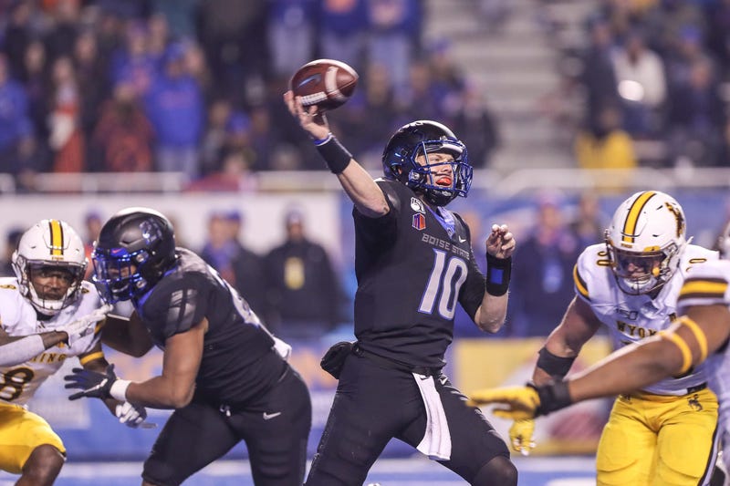 Quarterback Chase Cord #10 of the Boise State Broncos passes during the second half against the Wyoming Cowboys on November 9, 2019 at Albertsons Stadium in Boise, Idaho.