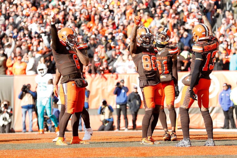 CLEVELAND, OH - NOVEMBER 24: Jarvis Landry #80 of the Cleveland Browns celebrates with his teammates after scoring a touchdown during the first quarter of the game against the Miami Dolphins at FirstEnergy Stadium on November 24, 2019 in Cleveland, Ohio.