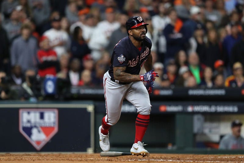 Howie Kendrick #47 of the Washington Nationals hits a two-run home run against the Houston Astros during the seventh inning in Game Seven of the 2019 World Series.