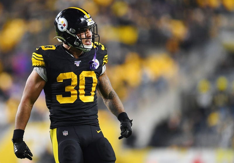 James Conner #30 of the Pittsburgh Steelers reacts after a first down