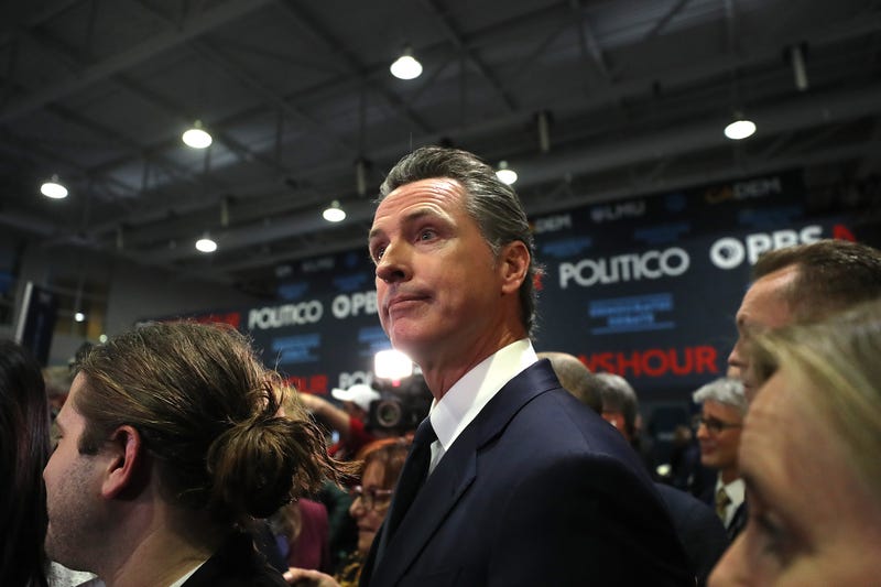 Governor Gavin Newsom walks through the spin room after the Democratic presidential primary debate at Loyola Marymount University on December 19, 2019 in Los Angeles.