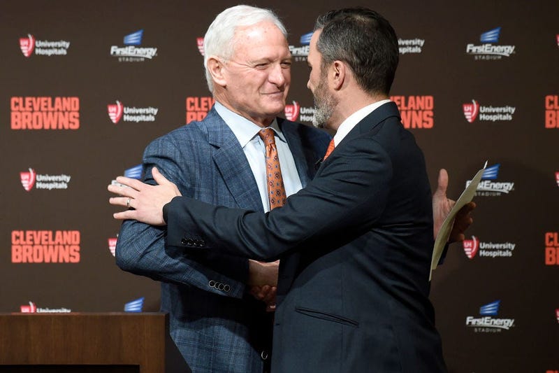 CLEVELAND, OHIO - JANUARY 14: Team owner Jimmy Haslam shakes hands with Kevin Stefanski after introducing Stefanski as the Cleveland Browns new head coach on January 14, 2020 in Cleveland, Ohio. (Photo by Jason Miller/Getty Images)