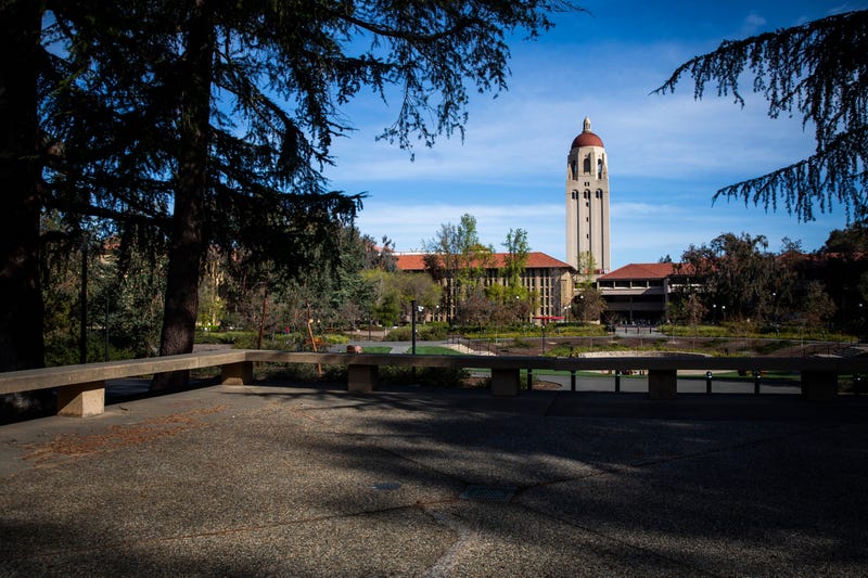 Hoover Tower looms during a quiet morning at Stanford University on March 9, 2020 in Stanford.