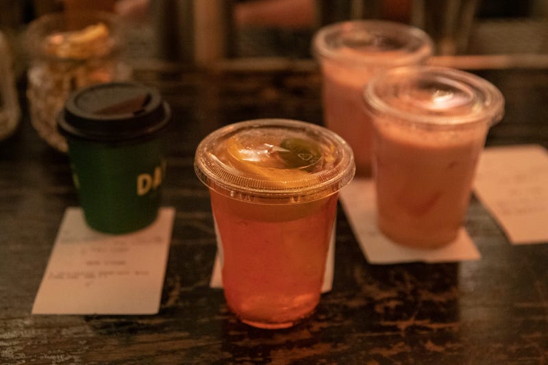 Cocktails are for sale to go at Caffe Dante bar and restaurant in Manhattan as the Coronavirus, COVID19, outbreak continued unabated on March 19, 2020 in New York City.
