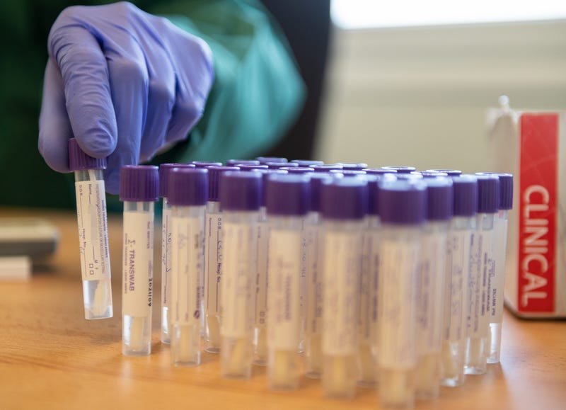 A helper of local doctor Volker Eissing assists and register a swab sample for coronavirus testing at Eissing's temporary office located in a container on March 23, 2020